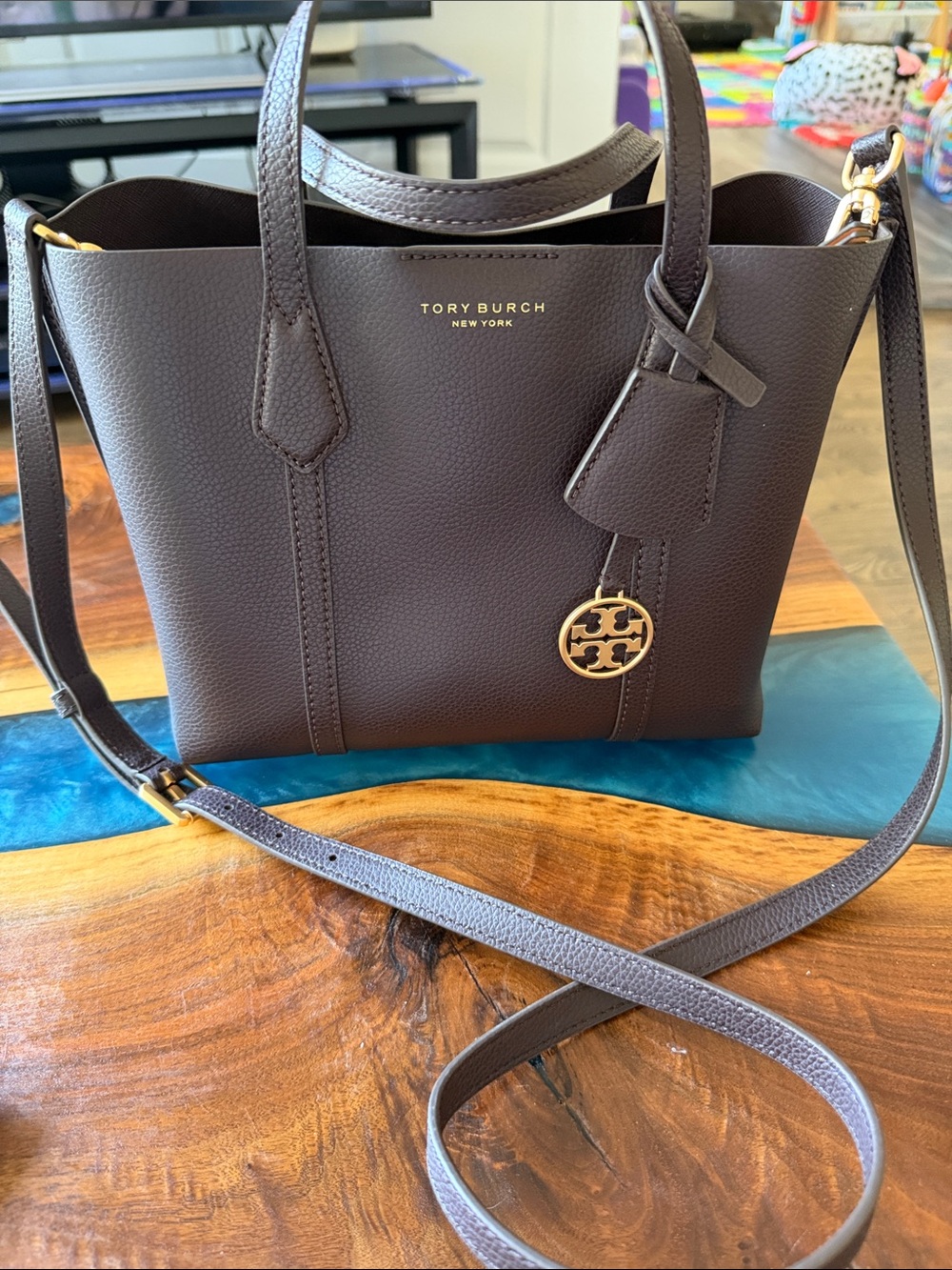 Tory Burch Dark Brown Pebbled Leather Tote with Gold Logo Charm